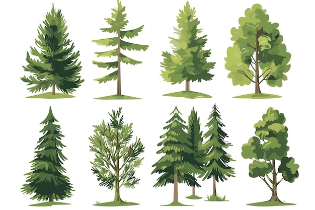 Vector green trees over white background set graphic clipart design