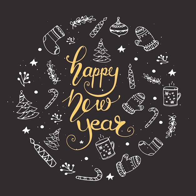 Vector greeting card design with lettering happy new year. vector illustration.