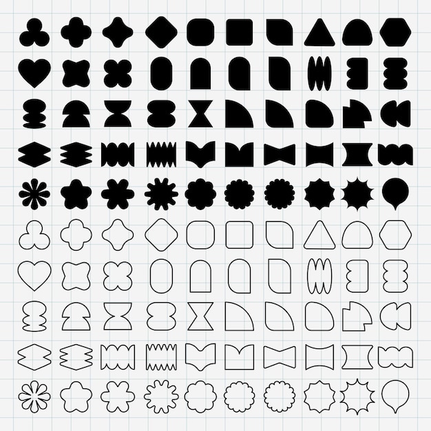 Vector grid of abstract shapes in black and white various geometric forms repeat in patterns shapes include circles squares and triangles in different styles black shapes vector element set