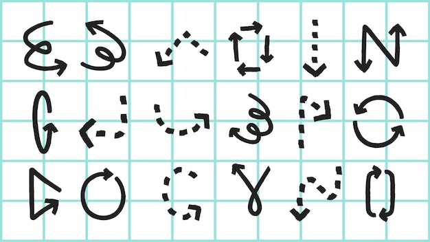 Vector grid with various arrow designs arrows in different styles directions and patterns arrows pointing rotating and curving on a grid background element vector set