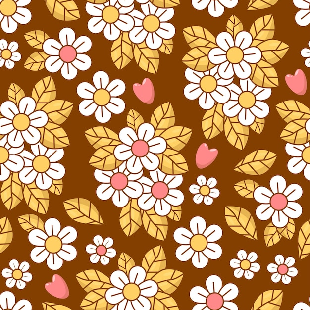 Vector groovy seamless pattern with daisy flower on brown background