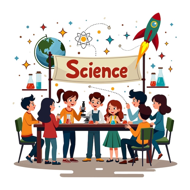 Vector a group of children are around a table with a sign that says science