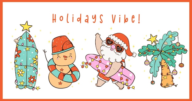 Vector group of cute groovy christmas summer beach santa and sandman idea for greeting card and banner