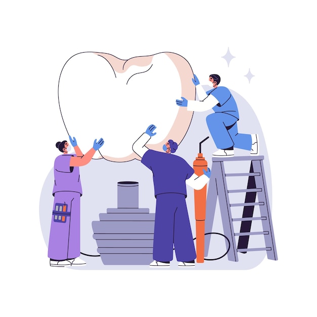 Vector group of dentists installation of dental implant stomatologists treatment denture artificial tooth dentistry doctors care about oral health flat isolated vector illustration on white background