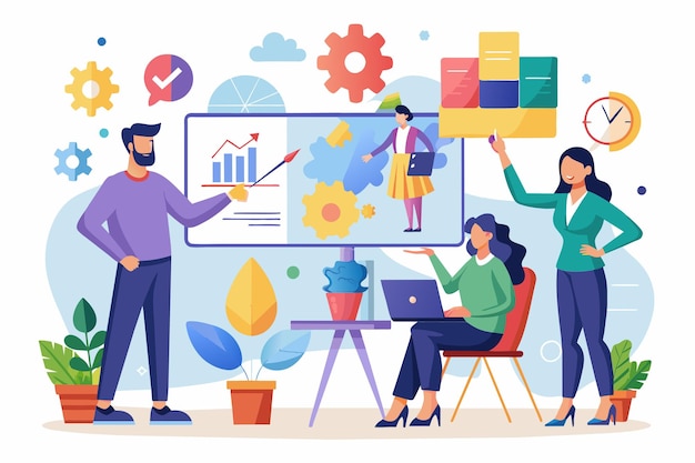 Vector a group of professionals discusses business solutions while analyzing data on a screen business problem solving presentation with flat illustration