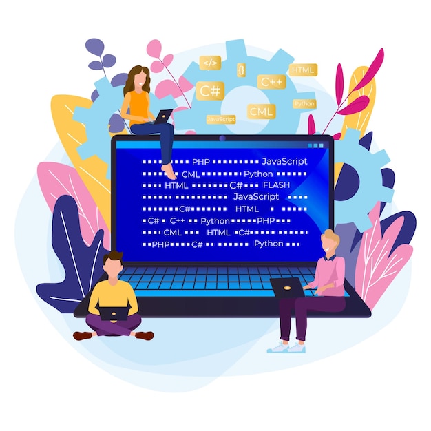 Vector group of programmers is working men and women code a project on a large monitor with program code trendy concept in flat style