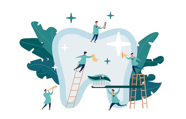 Vector group small dentists caring for large tooth