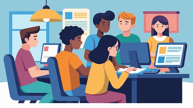 Vector a group of students gathered in the schools computer lab editing and proofreading each others