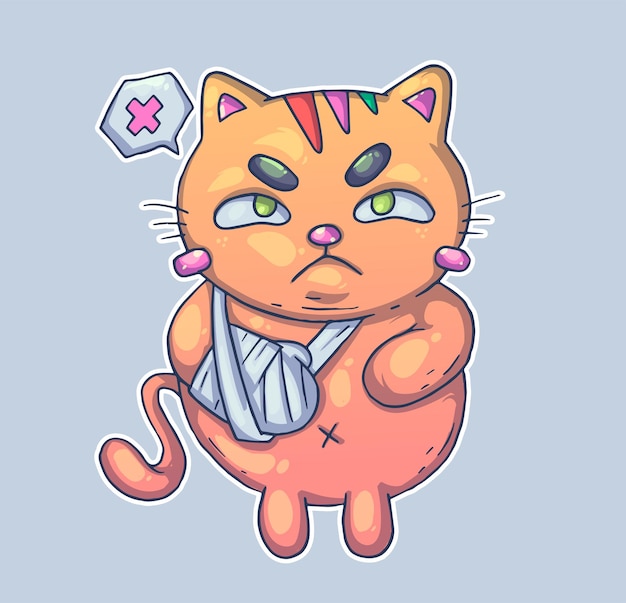 Vector a grumpy cat with a broken paw cartoon vector character trendy style vector illustration