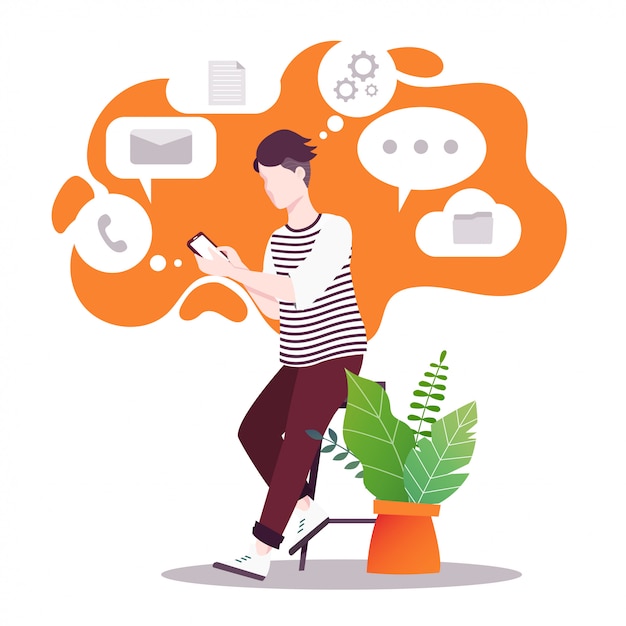 Vector the guy holds the phone in his hands. the versatility of modern technology. 