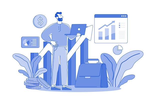 Vector the guy on the laptop calculates the visual benefit