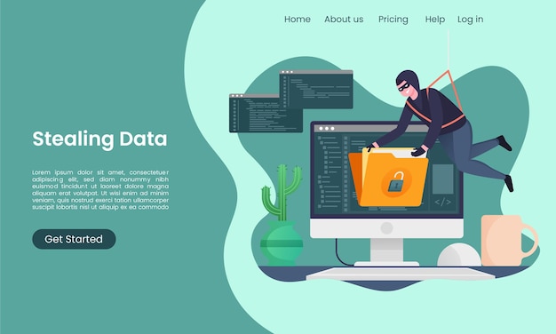 Vector hacker activity steals data from computers landing page