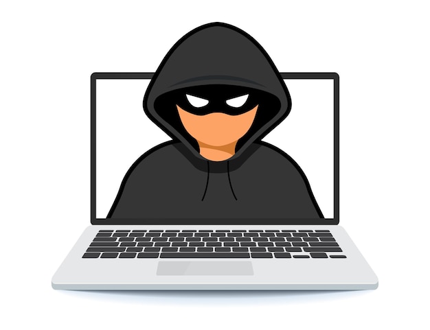 Vector hacker attacks and web security. hacker, cybercriminal with laptop stealing user's personal data.