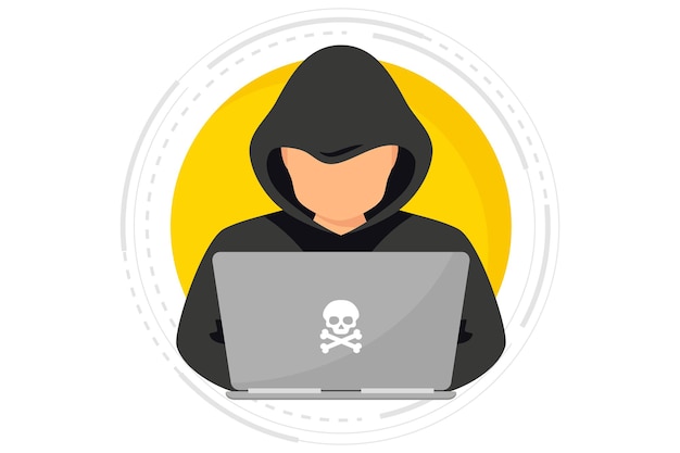 Vector hacker cyber criminal with laptop stealing user personal data hacker attack and web security