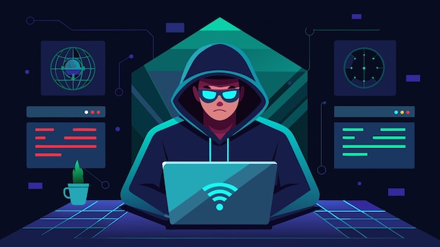 Vector a hacker in a dark room using their quantum computing brain extensions to break into secure systems