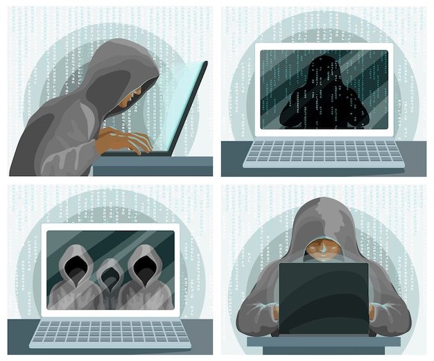 Vector hacker internet computer security technology concept hacker with laptop