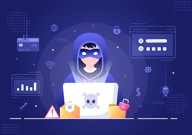 Vector hacker using computer server to activity hacked database background vector illustration