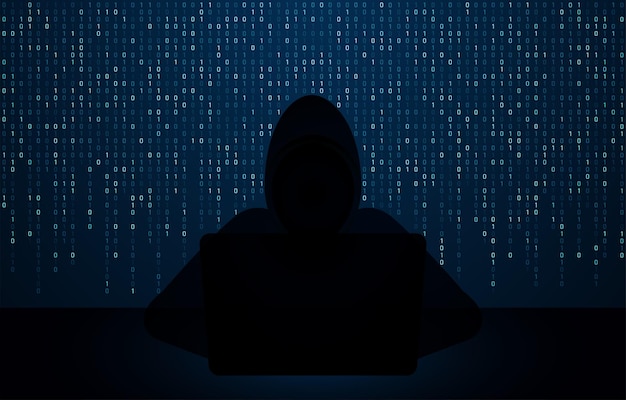 Vector hacker using laptop with binary code digital interface
