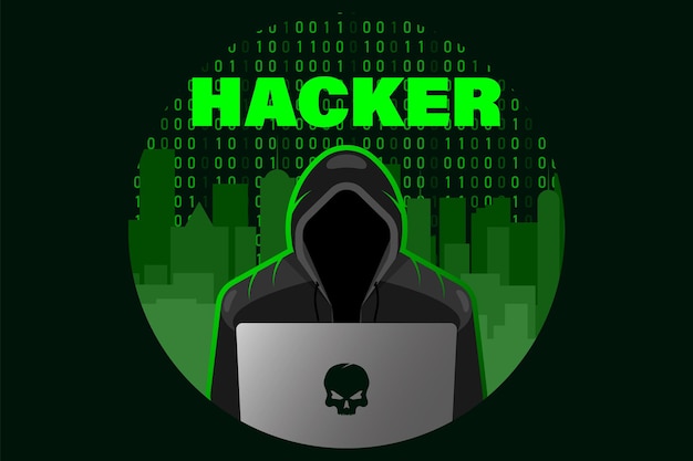 Vector hacker with laptop vector computer stealing confidential data personal information credit card