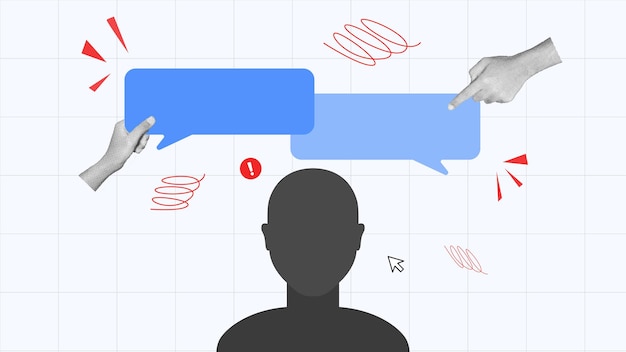 Vector halftone collage of hands holding message bubbles and silhouettes of people representing conflicts