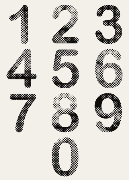 Vector halftone dots rounded numbers pixels print texture numbers vector set