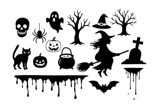 Vector halloween silhouette icons collection witch on broom pumpkin skull cat bat ghost spider