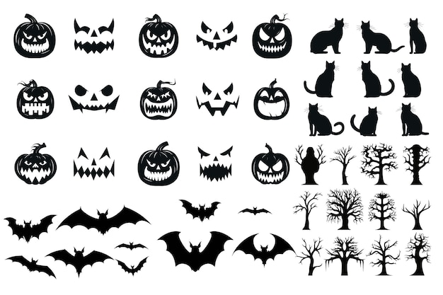 Vector halloween silhouettes black icon set with cat pumpkin jack o lantern tree bat vampire