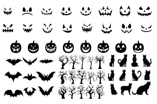 Vector halloweenthemed black icon set silhouettes of cat pumpkin jack o lantern tree bat
