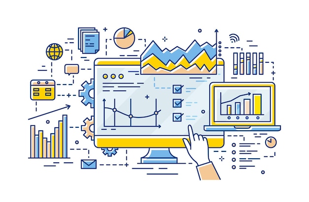 Vector hand of analyst pointing at computer display with results of statistical data analysis on it, diagrams, charts and graphs. business analytics and statistics. vector illustration in linear style.