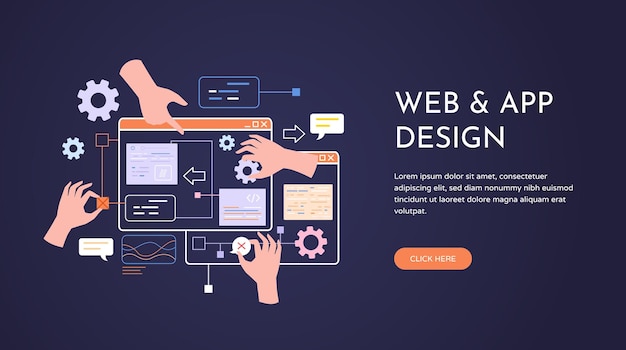 Vector hand creating prototype web development ui ux design agency landing page programming team creating website or mobile app usability redesign coding content illustration