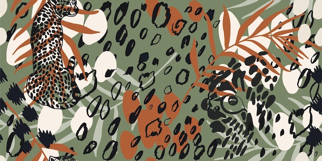Vector hand drawn abstract jungle pattern with leopards creative collage contemporary seamless pattern