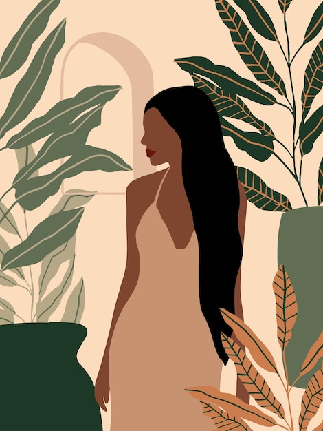 Vector hand drawn boho abstract fashion woman with antique vases and floral branches modern portrait