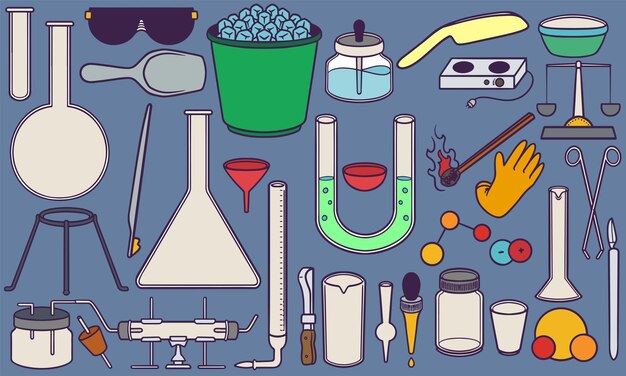 Vector hand drawn chemistry and laboratory tools doodle set