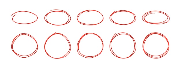 Vector hand drawn circles frame set on background. red scribble outline vector illustration