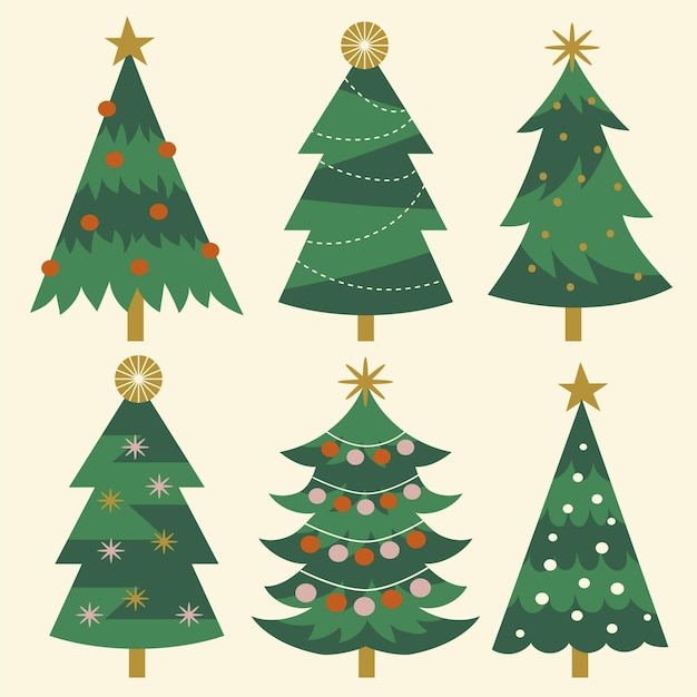 Vector hand drawn flat christmas trees collection