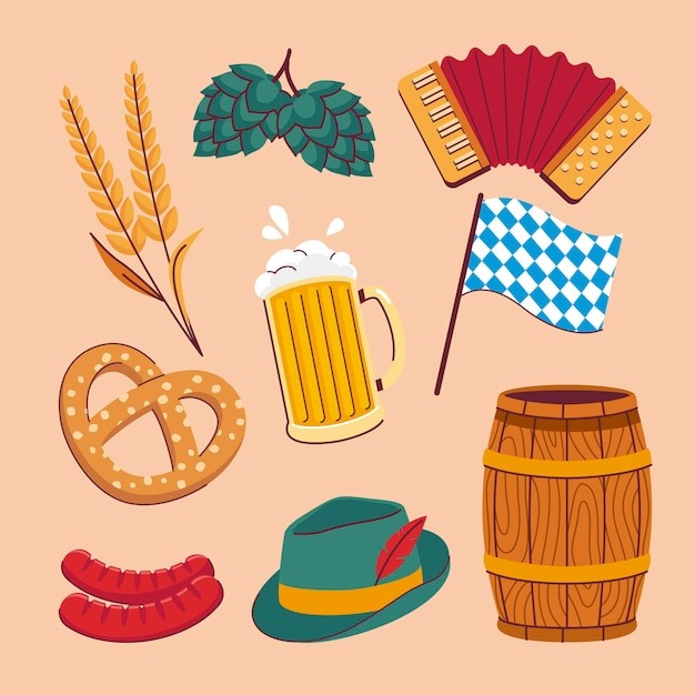 Vector hand drawn flat oktoberfest element collection