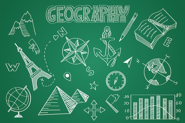 Vector hand drawn geography set. chalk on the blackboard