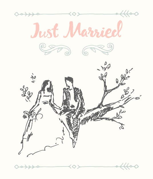 Vector hand drawn illustration of bride and groom, sitting on the tree branch, vector illustration, sketch