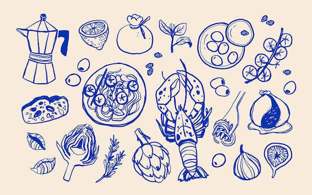Vector hand drawn italian summer food doodles line art vector set with pasta mozzarella coffee seafood and herbs la dolce vita ink illustration