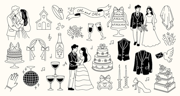Vector hand drawn marriage wedding celebration romantic elements cute doodle icons with bride groom rings cake flowers champagne vector wedding sketch set
