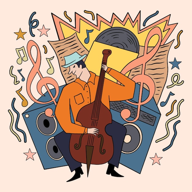 Vector hand drawn music doodle style illustration 90s retro music party elements event poster vector