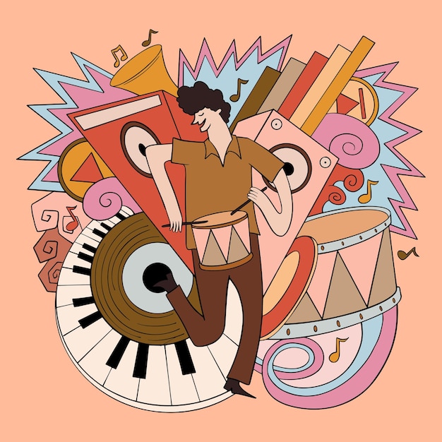 Vector hand drawn music doodle style illustration 90s retro music party elements event poster vector