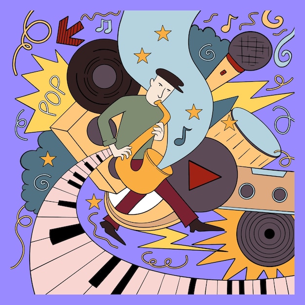 Vector hand drawn music doodle style illustration 90s retro music party elements event poster vector