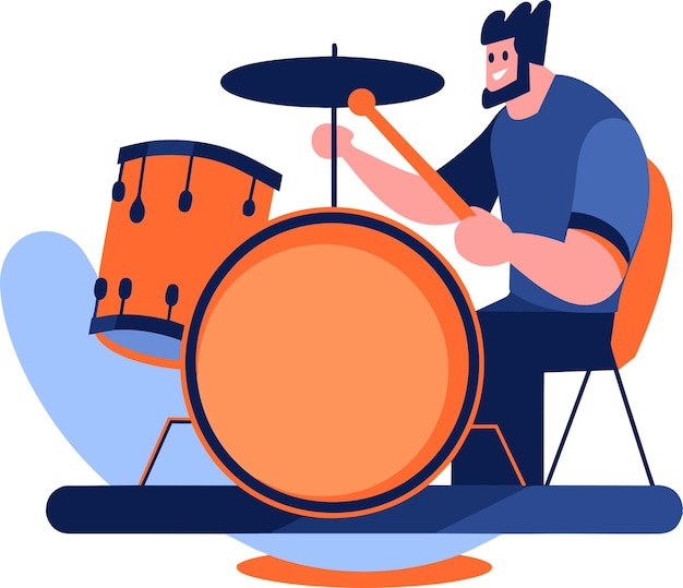 Vector hand drawn musicians playing drums in flat style isolated on background