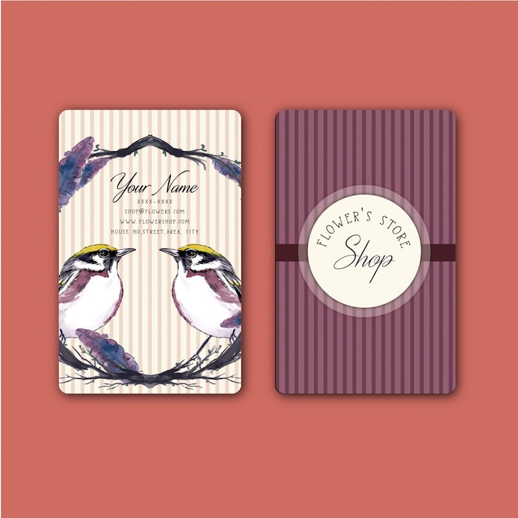 Vector "hand drawn purple watercolor birds visiting card"