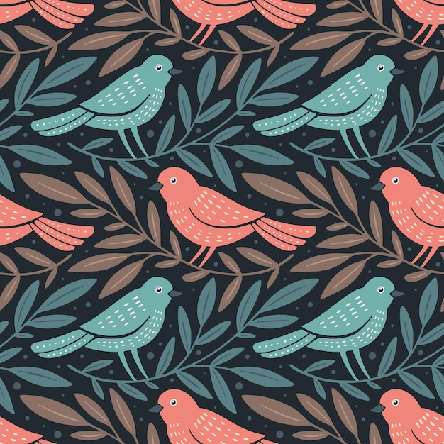Vector hand drawn seamless pattern with decorative birds and branches nature floral forest seamless pattern