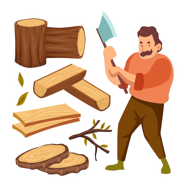 Vector hand drawn set of cute lumberjack objects character elements vector illustration set with axe
