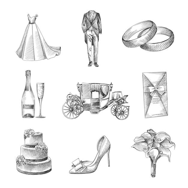 Vector hand-drawn sketch of a wedding set. the set includes wedding gown, tuxedo, engagement rings, invitation cards, 3-tier wedding cake, champagne and a glass, carriage, boutonniere, wedding shoes