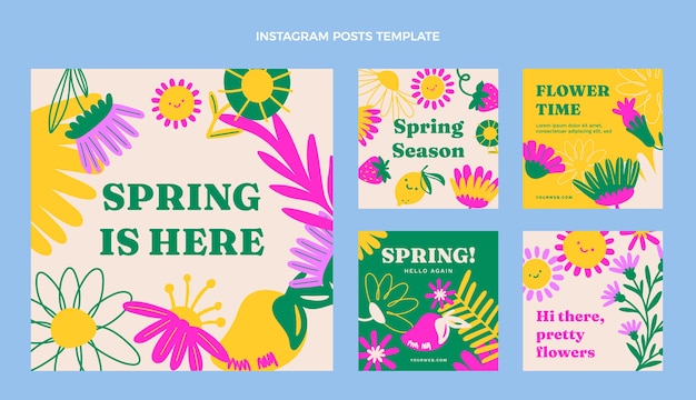 Vector hand drawn spring instagram posts collection