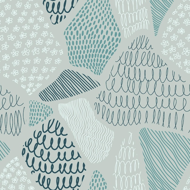 Vector hand drawn squiggles waves lines and flowers collected in patchwork style seamless vector pattern